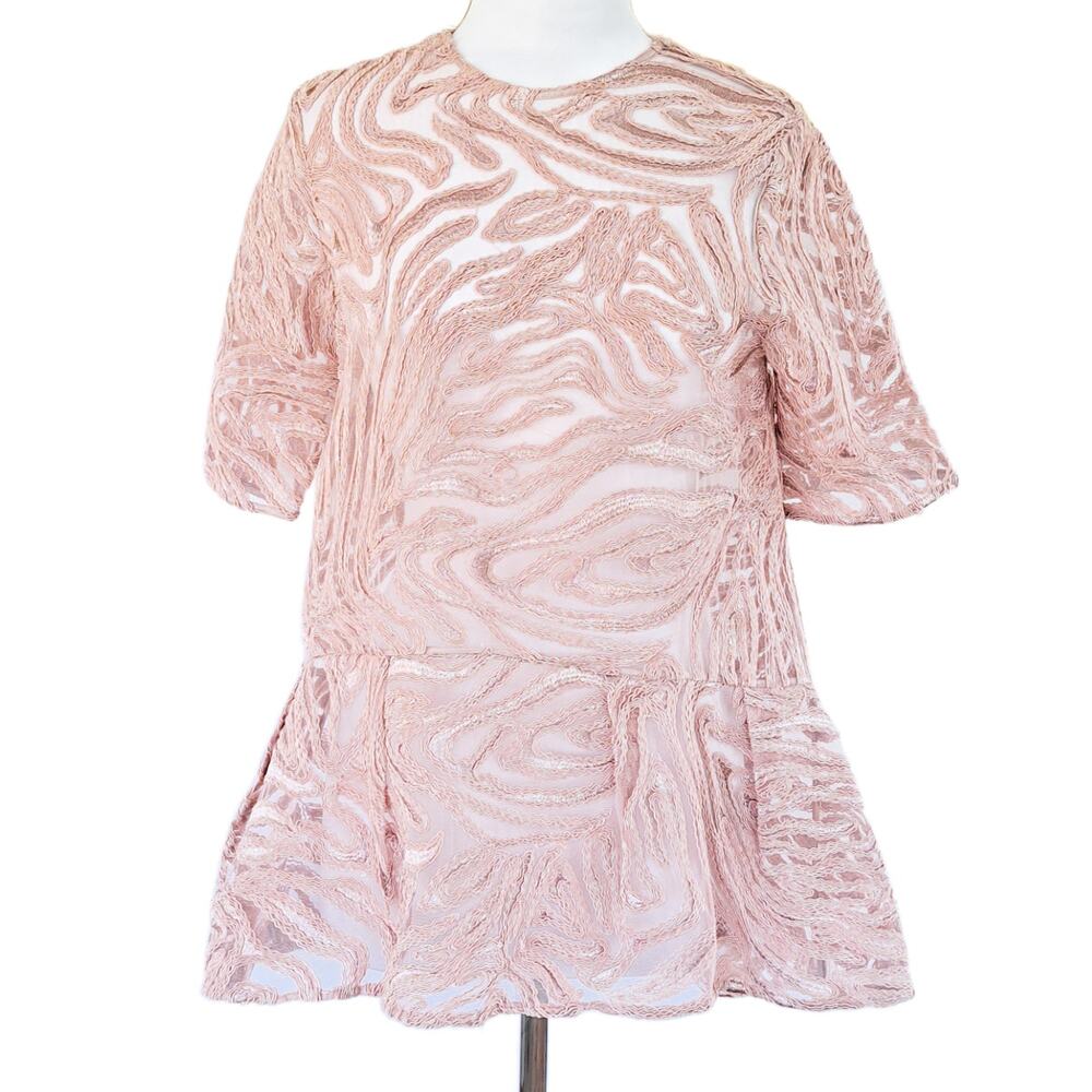 ALEXIS Embroidered Mesh Short Sleeve Sheer Peplum Top Small Dusty Pink Oversized